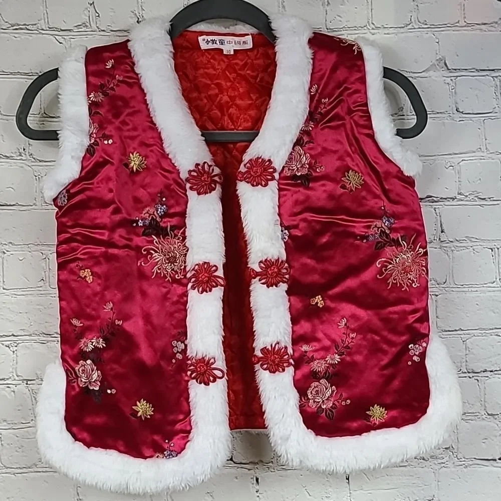 Chinese New Year Brocade Vest Kids 10 Red Satin Faux Fur Lunar Festival Unisex